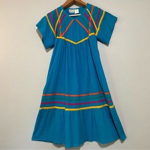 Appel Leisure Wear Vintage Blue Trapeze Tiered Mumu House Dress Rainbow Trim